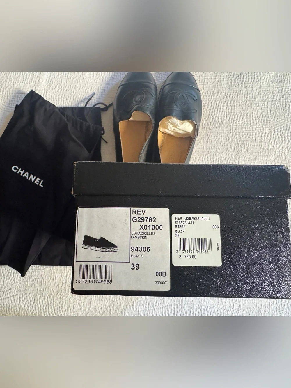Chanel Rev Black Leather Espadrille Slip-On Shoes 39